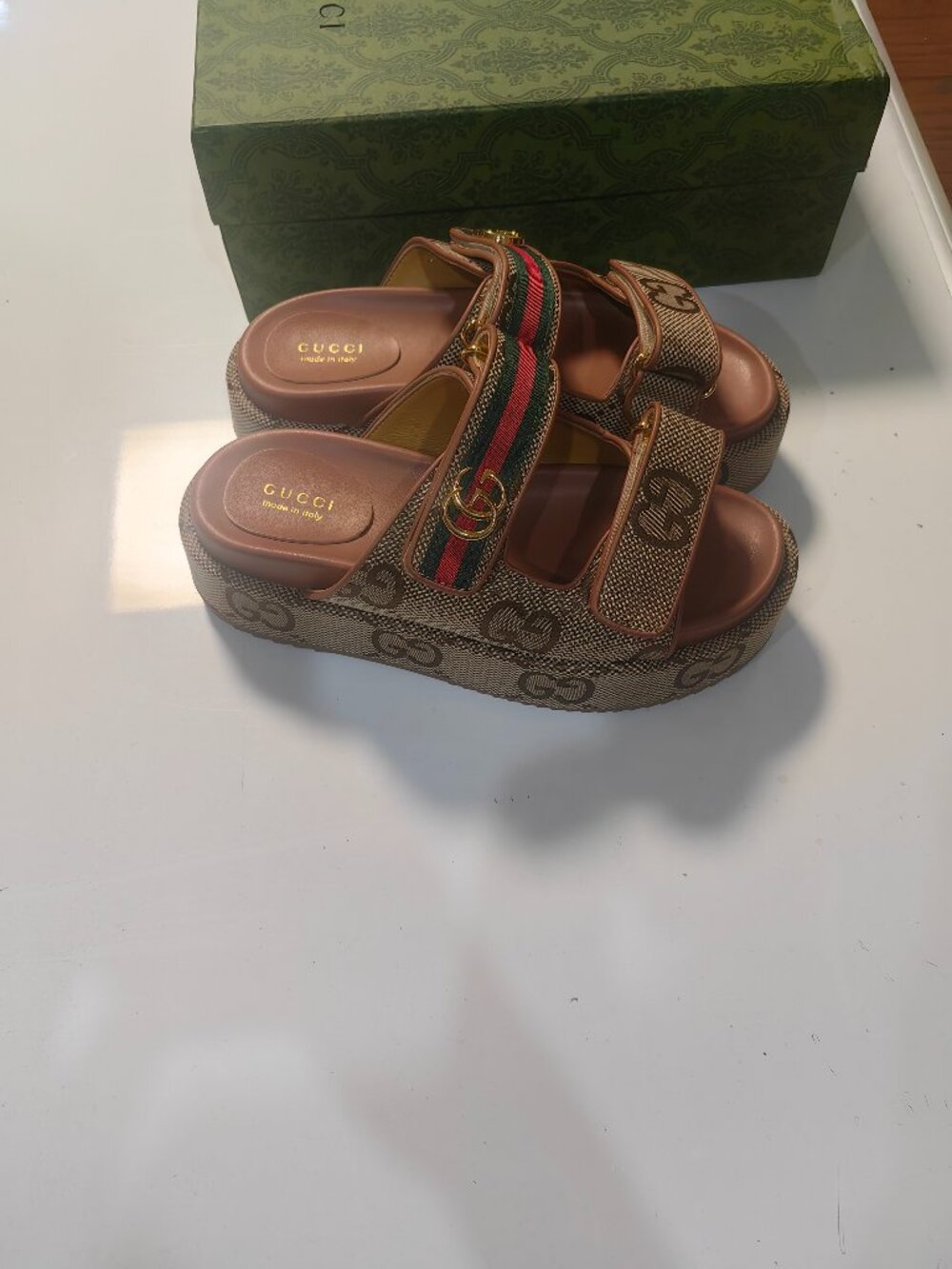 Gucci Vintage GG Canvas Web Stripe Lug Sole Slide Sandals